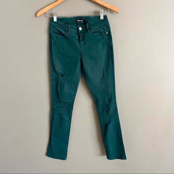 Bebe Womens Distressed Hunter Green Low Rise Denim Skinny Jeans Size 24 - Picture 1 of 6